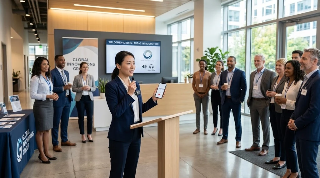 Host playing a welcome message from a phone to visitors gathered in a reception hall Host playing a welcome message from a phone to visitors gathered in a reception hall