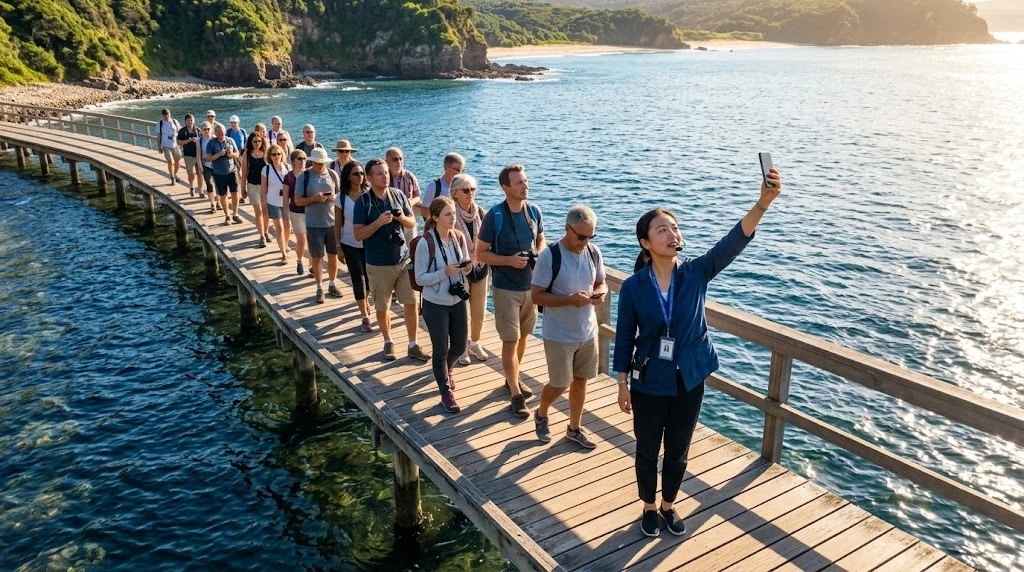 Aerial view of a tour group walking along a seaside boardwalk behind their guide Aerial view of a tour group walking along a seaside boardwalk behind their guide